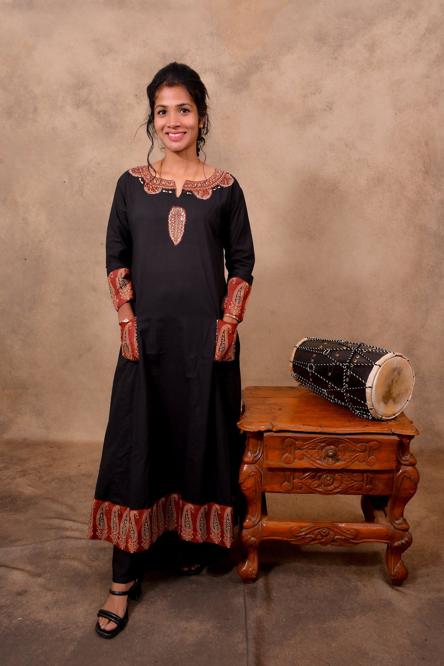 Black Cotton 3-Piece Set for Women with Ajrak Print & Patch Work