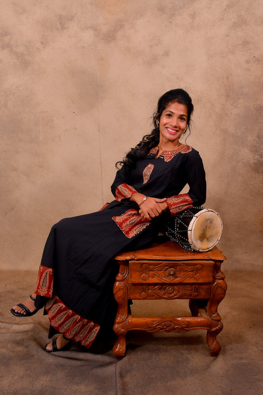 Black Cotton 3-Piece Set for Women with Ajrak Print & Patch Work