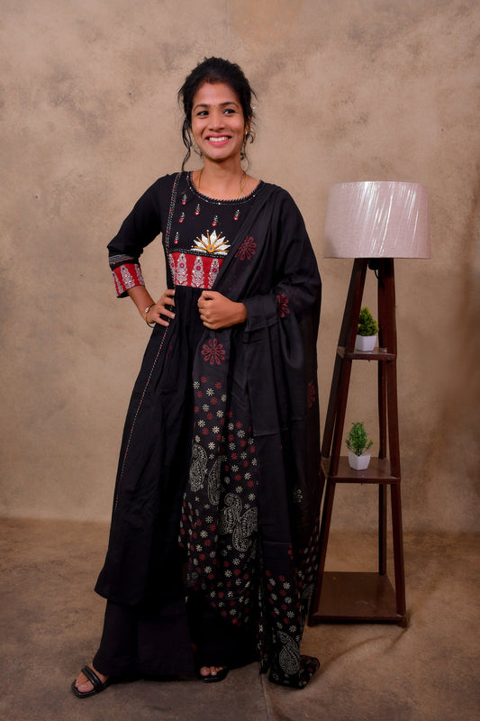 Black Cotton 3-Piece Set for Women with Kantha & Embroidery Work