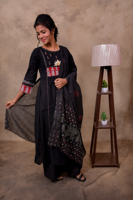 Black Cotton 3-Piece Set for Women with Kantha & Embroidery Work