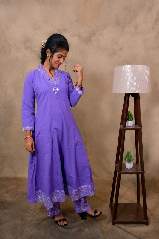 Purple Cotton 3-Piece Set for Women with Floral Print & Embroidery Work