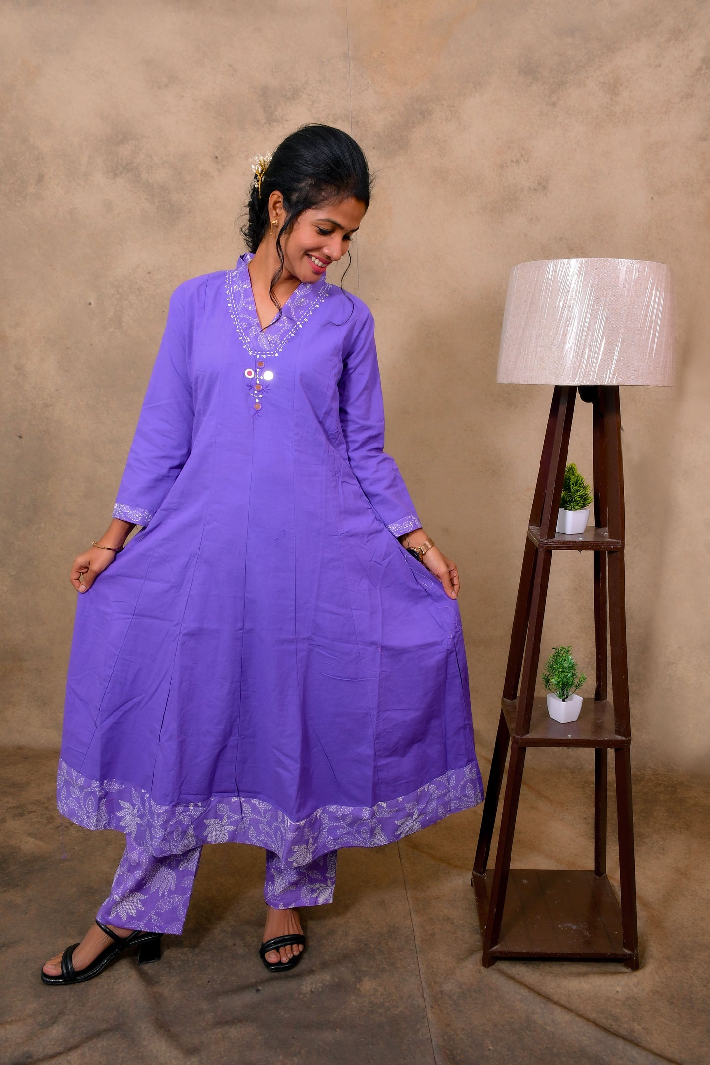 Purple Cotton 3-Piece Set for Women with Floral Print & Embroidery Work