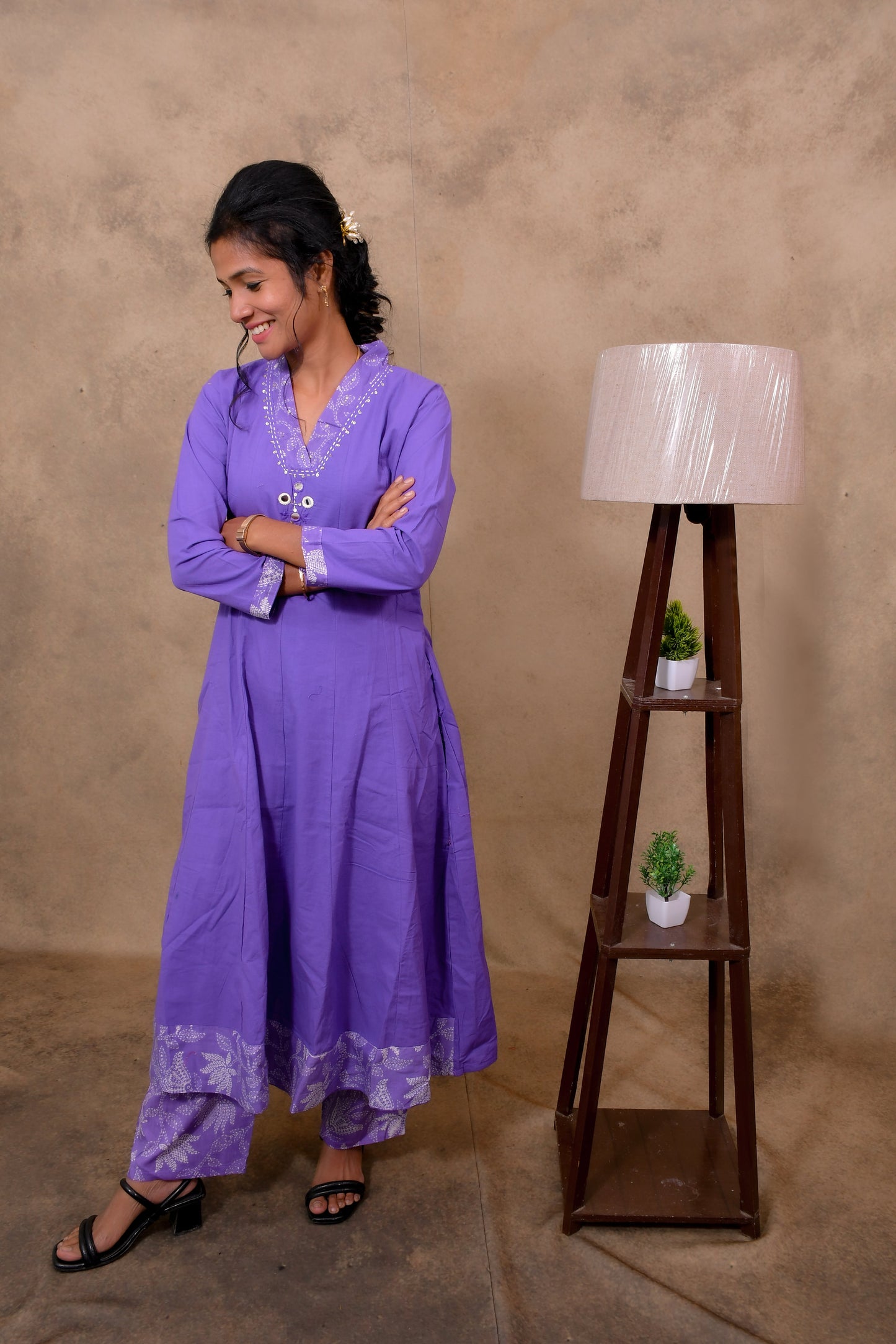 Purple Cotton 3-Piece Set for Women with Floral Print & Embroidery Work