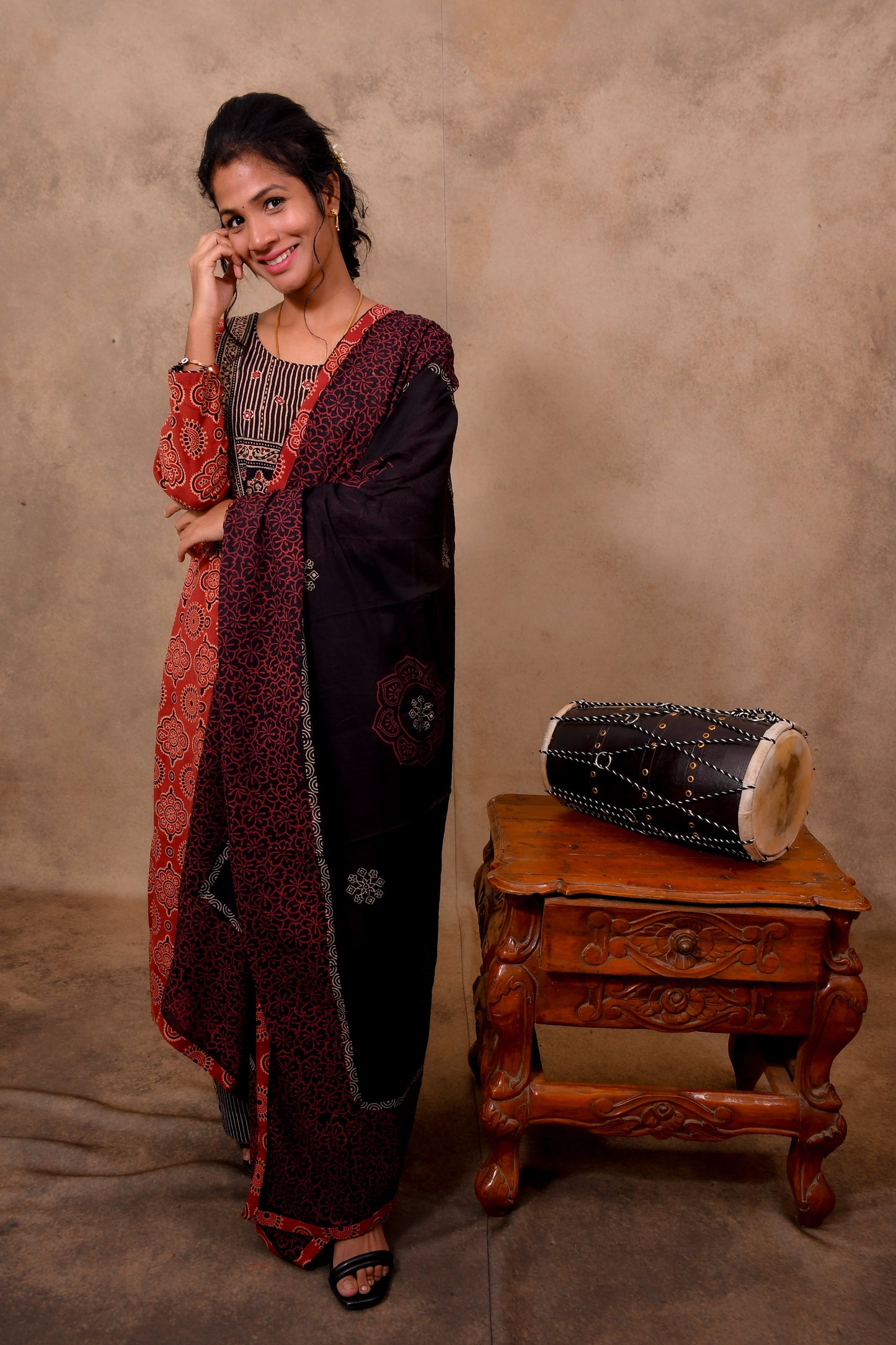 Red Cotton 3-Piece Set for Women with Ajrak Print & Palazzo Pant