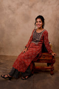 Red Cotton 3-Piece Set for Women with Ajrak Print & Palazzo Pant