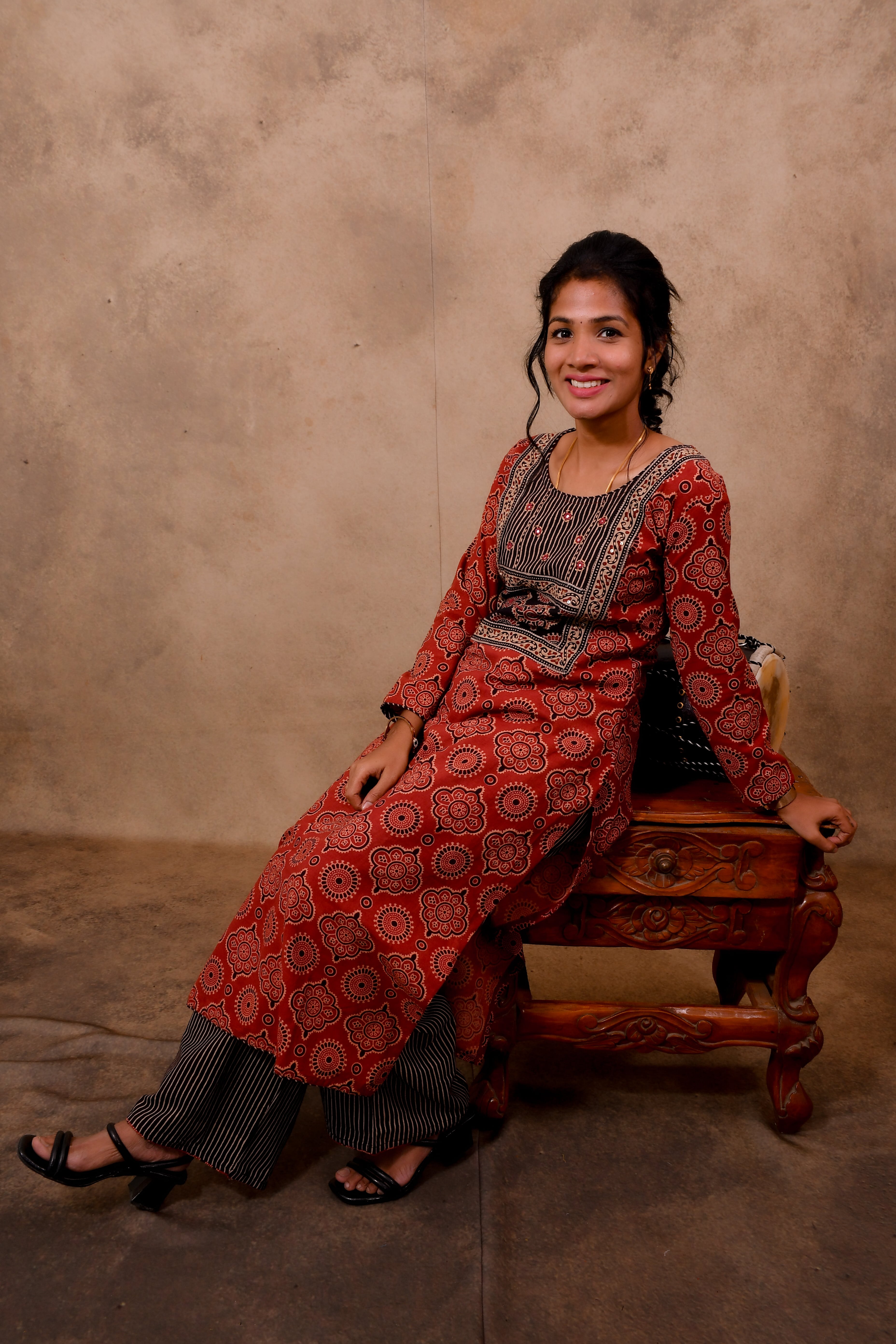 Red Cotton 3-Piece Set for Women with Ajrak Print & Palazzo Pant