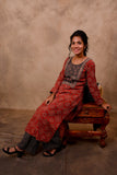 Red Cotton 3-Piece Set for Women with Ajrak Print & Palazzo Pant