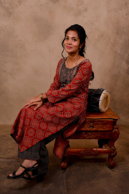 Red Cotton 3-Piece Set for Women with Ajrak Print & Palazzo Pant