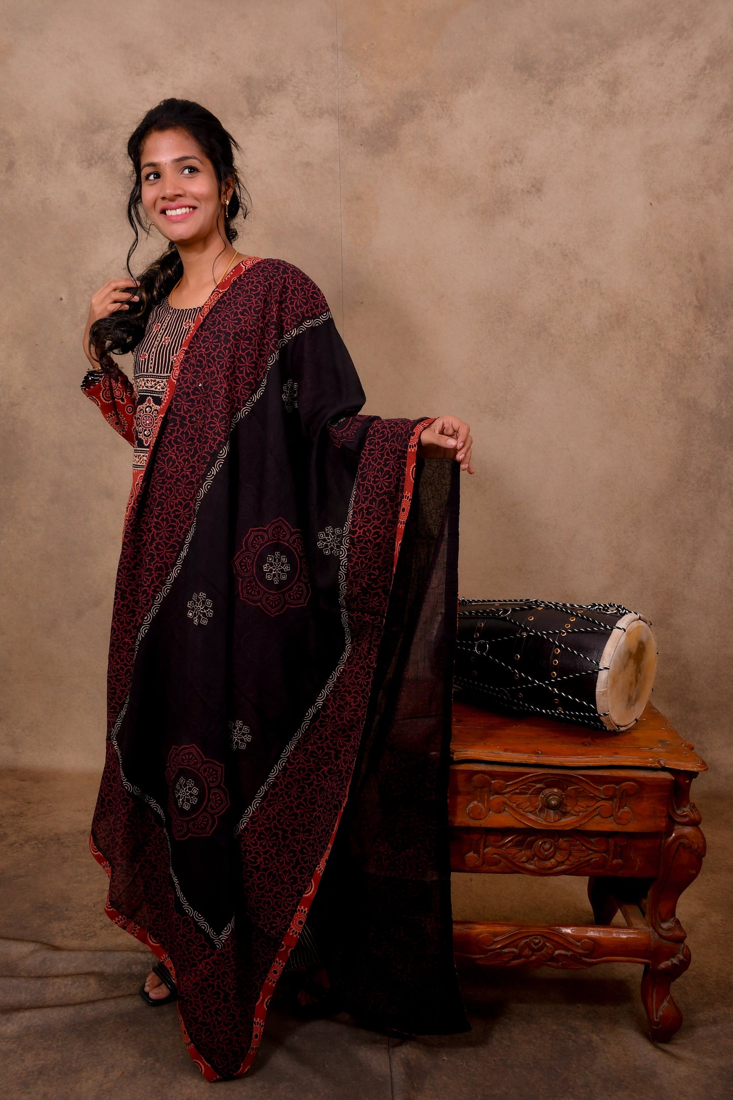 Red Cotton 3-Piece Set for Women with Ajrak Print & Palazzo Pant