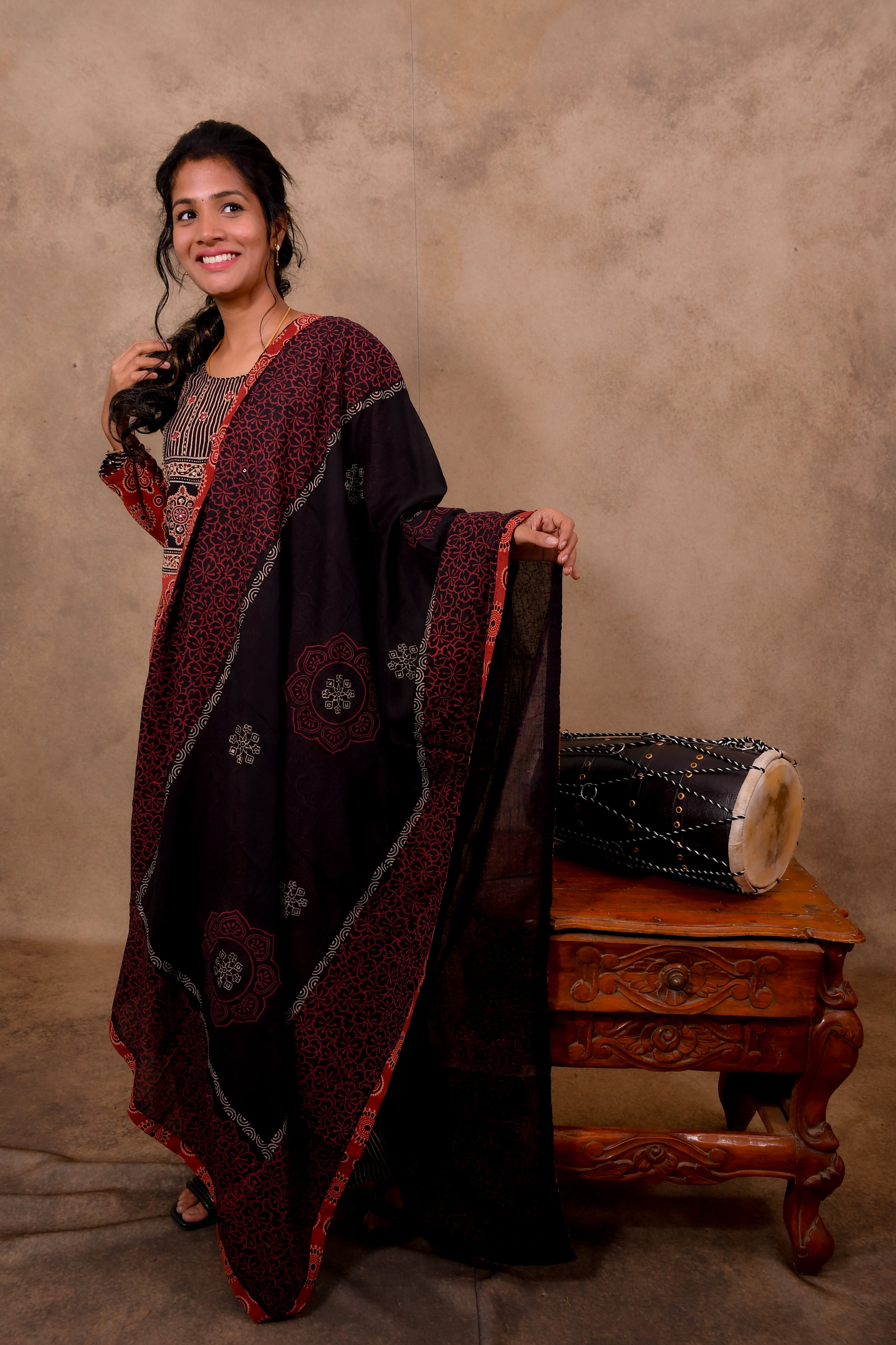 Red Cotton 3-Piece Set for Women with Ajrak Print & Palazzo Pant