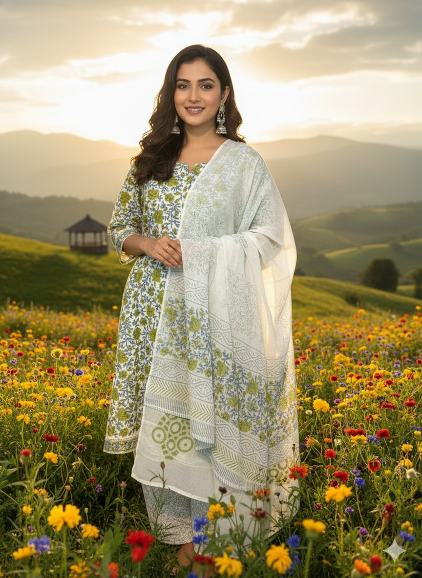 Premium Cotton 3-Piece Set for Women with Elegant Small Flower Print and Printed designs in Soft Fabric Dupatta