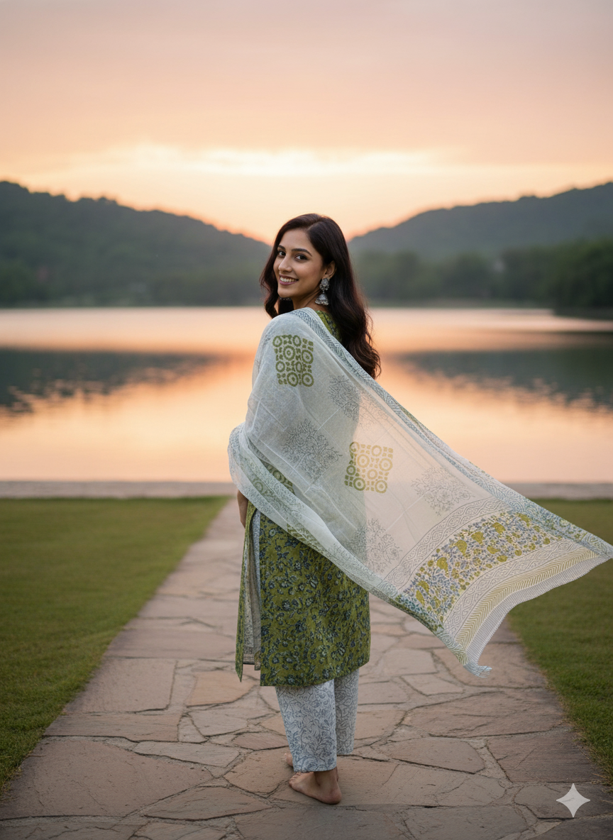 Premium Cotton 3-Piece Set for Women with Elegant Small Flower Print and Printed designs in Soft Fabric Dupatta