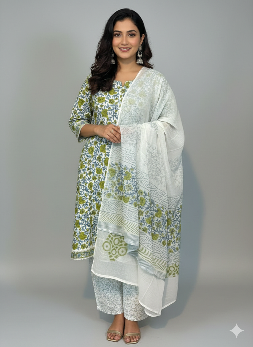 Premium Cotton 3-Piece Set for Women with Elegant Small Flower Print and Printed designs in Soft Fabric Dupatta