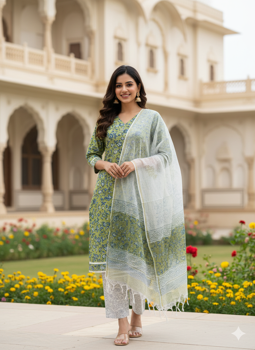 Premium Cotton 3-Piece Set for Women with Elegant Small Flower Print and Printed design in Soft Fabric Dupatta