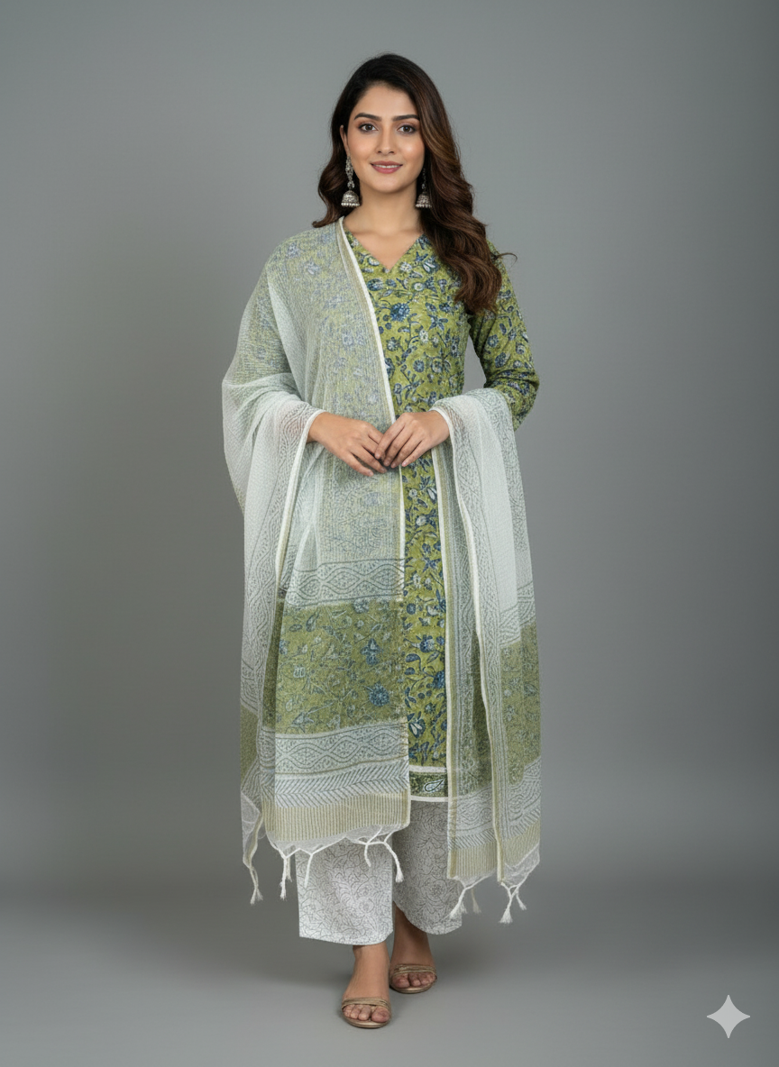 Premium Cotton 3-Piece Set for Women with Elegant Small Flower Print and Printed design in Soft Fabric Dupatta