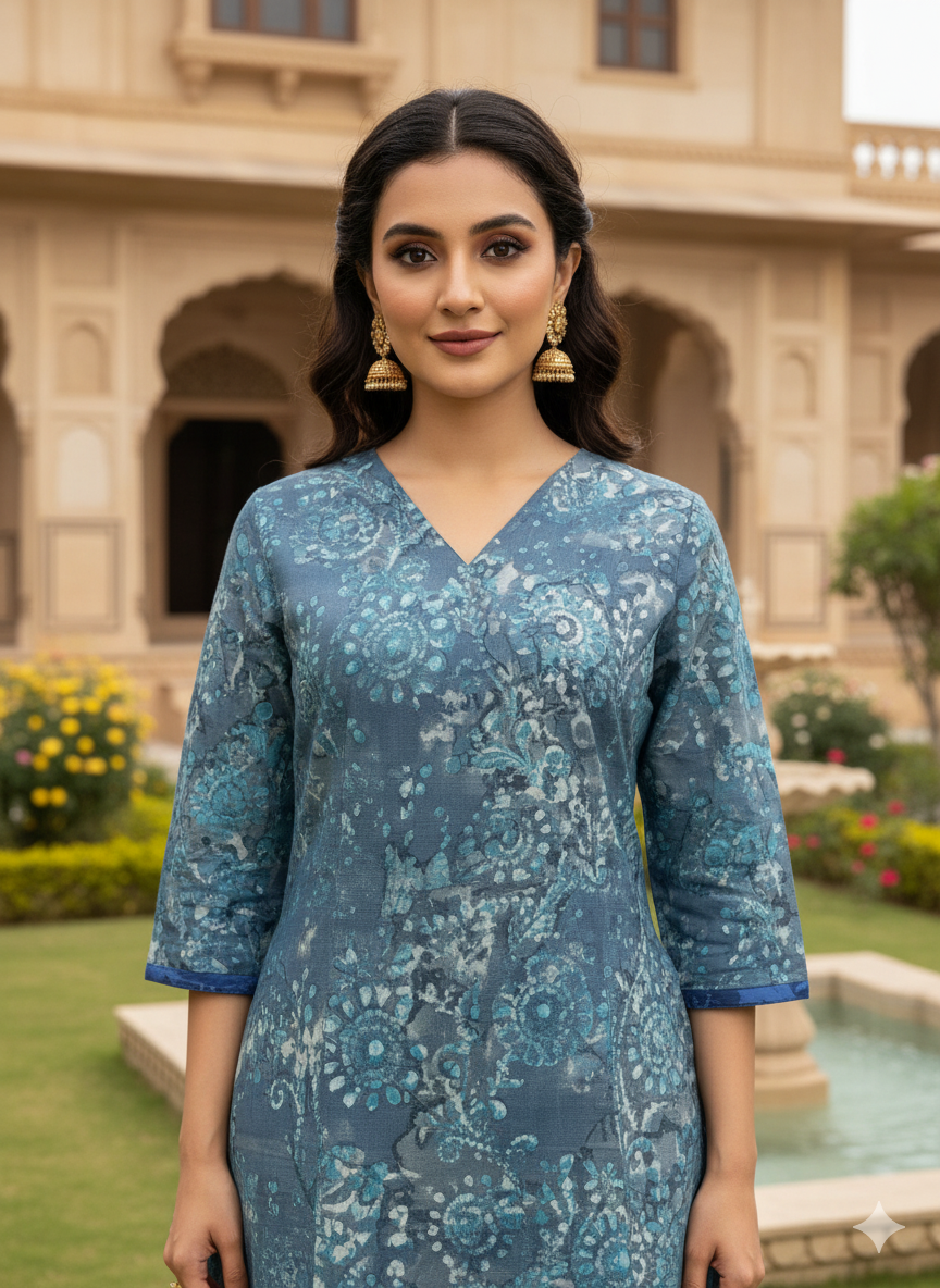 Cotton 3-Piece Set for Women in Grey Background with Blue Prints and Printed design in Dupatta