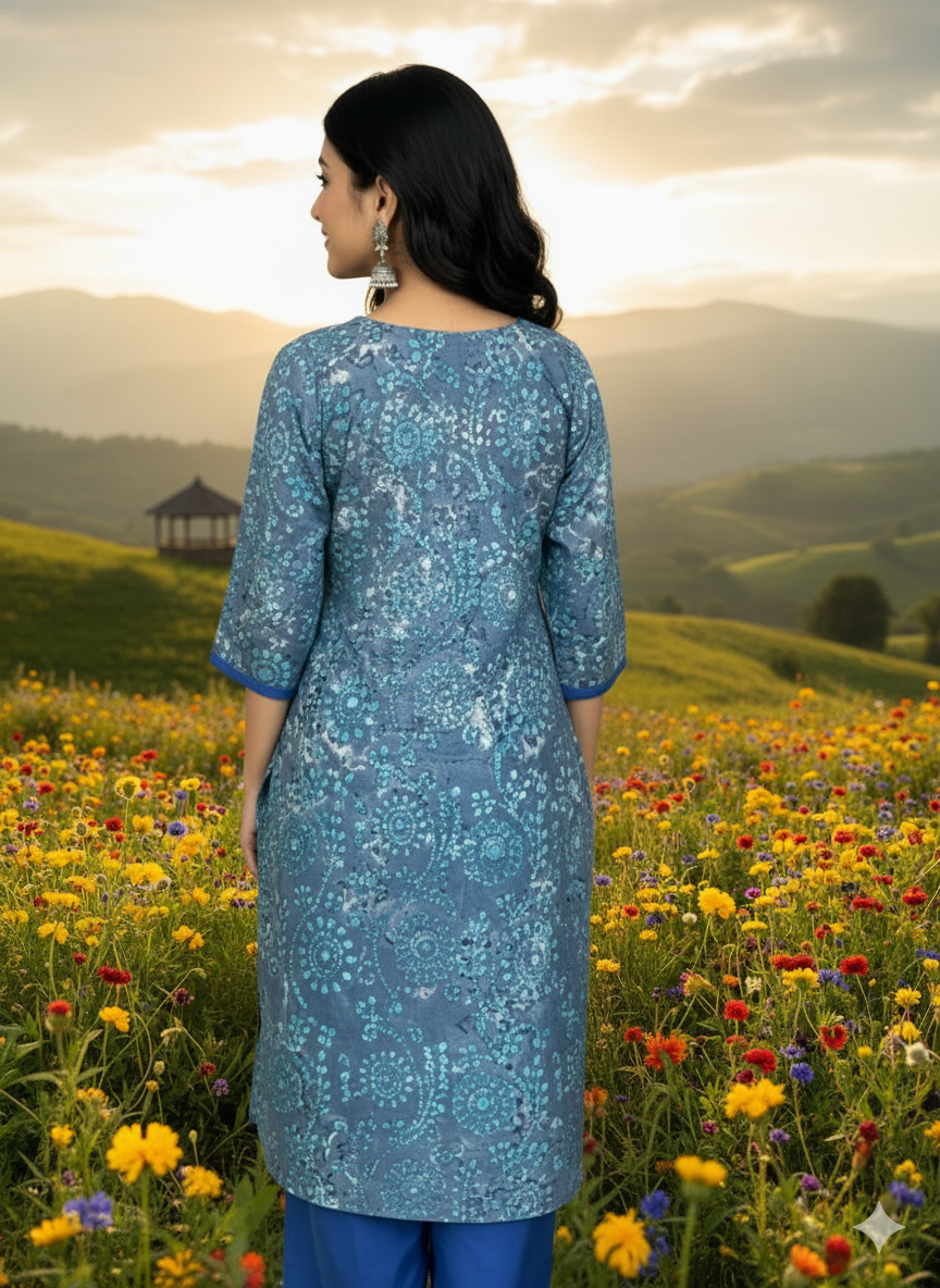 Cotton 3-Piece Set for Women in Grey Background with Blue Prints and Printed design in Dupatta