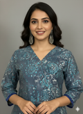 Cotton 3-Piece Set for Women in Grey Background with Blue Prints and Printed design in Dupatta