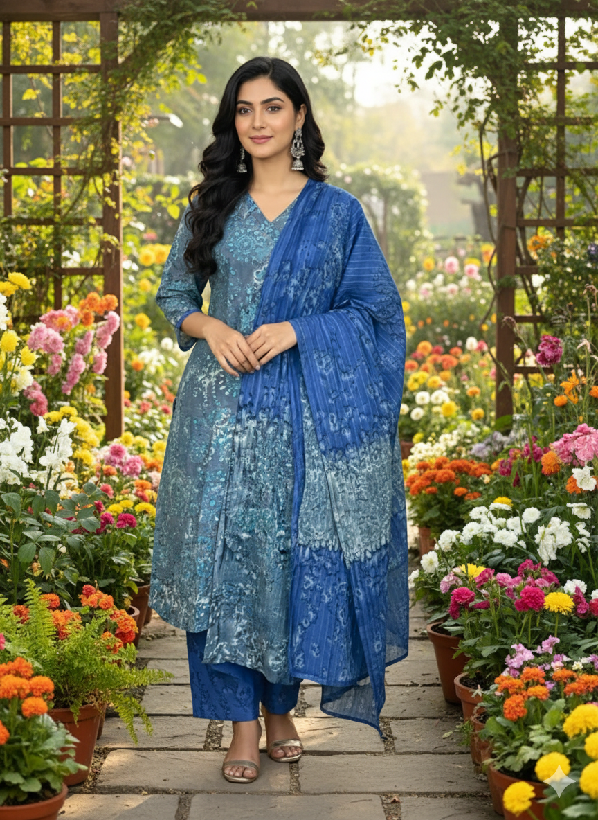 Cotton 3-Piece Set for Women in Grey Background with Blue Prints and Printed design in Dupatta