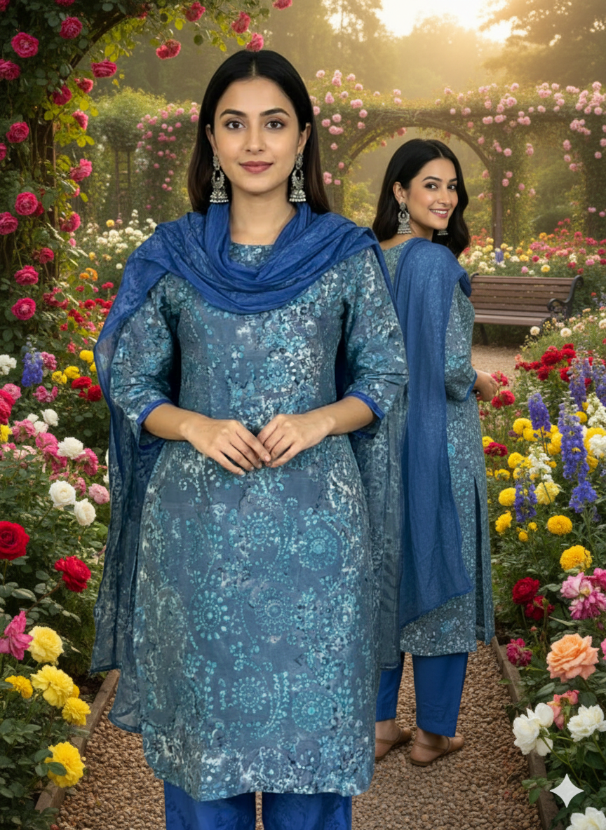 Cotton 3-Piece Set for Women in Grey Background with Blue Prints and Printed design in Dupatta
