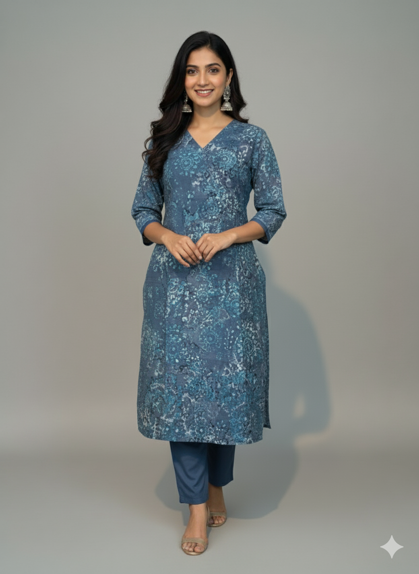 Cotton 3-Piece Set for Women in Grey Background with Blue Prints and Printed design in Dupatta