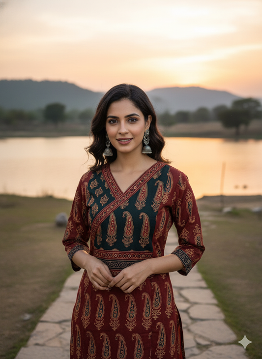 Premium Cotton 3-Piece Set for Women in Maroon & Black Combination with Mango Prints and little Chumiki Work. It comes with Soft Fabric Dupatta
