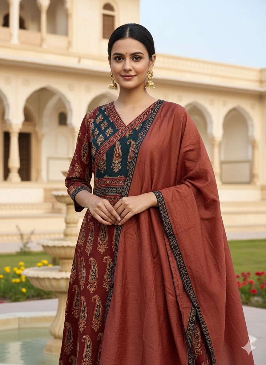 Premium Cotton 3-Piece Set for Women in Maroon & Black Combination with Mango Prints and little Chumiki Work. It comes with Soft Fabric Dupatta