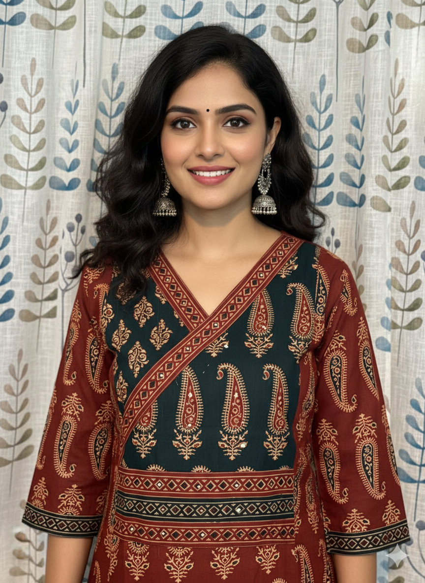 Premium Cotton 3-Piece Set for Women in Maroon & Black Combination with Mango Prints and little Chumiki Work. It comes with Soft Fabric Dupatta