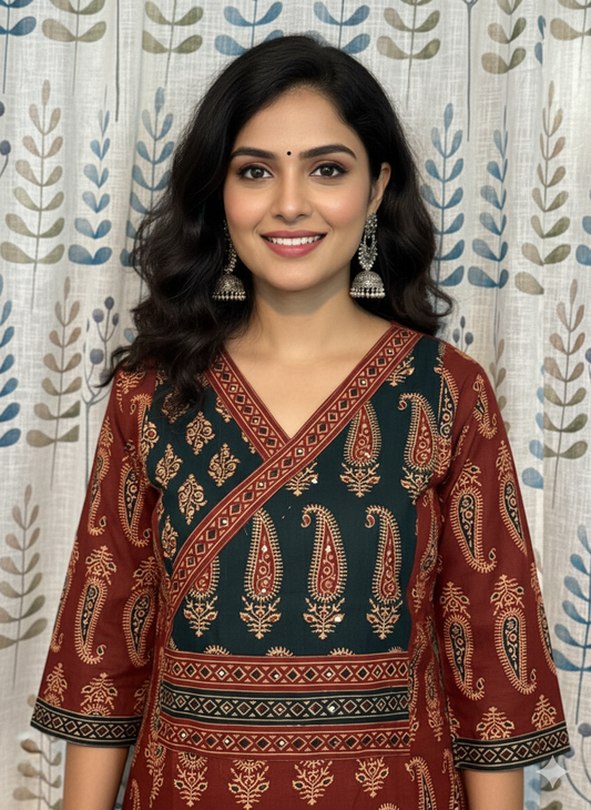 Premium Cotton 3-Piece Set for Women in Maroon & Black Combination with Mango Prints and little Chumiki Work. It comes with Soft Fabric Dupatta