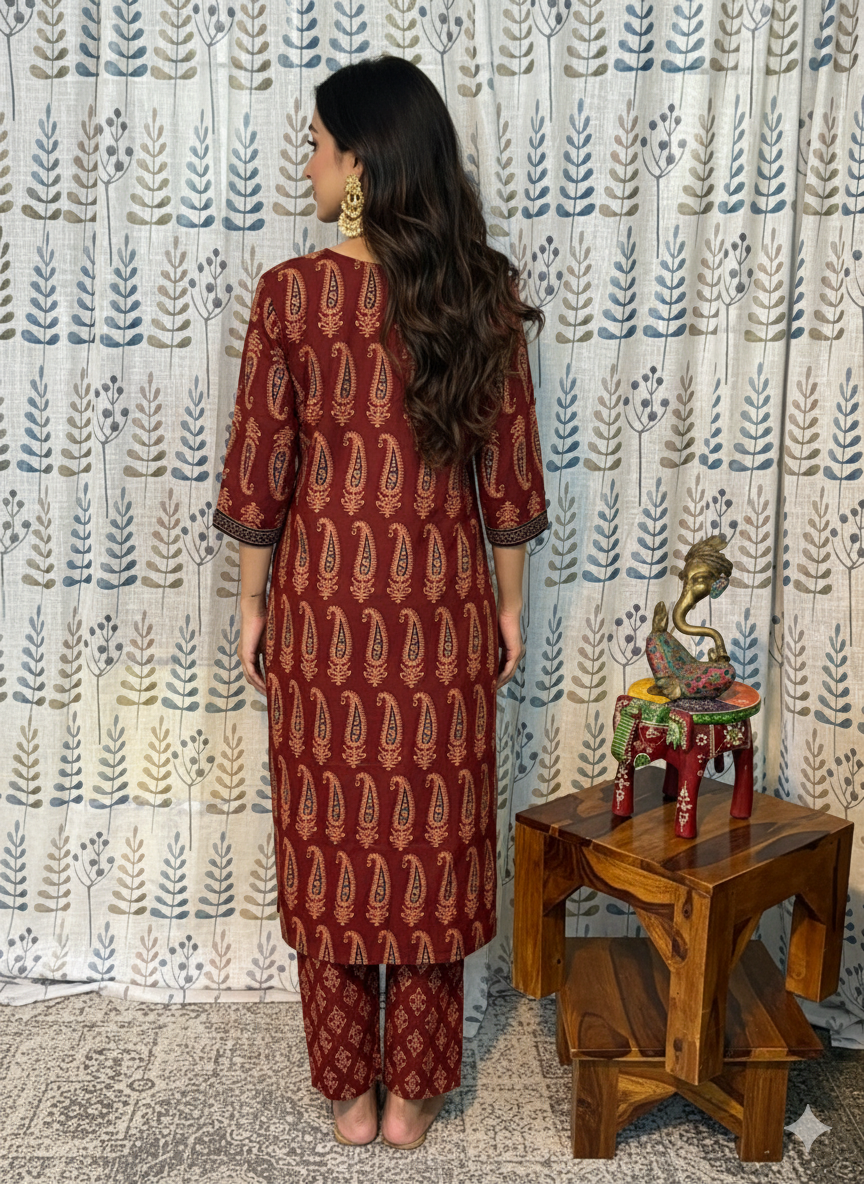 Premium Cotton 3-Piece Set for Women in Maroon & Black Combination with Mango Prints and little Chumiki Work. It comes with Soft Fabric Dupatta