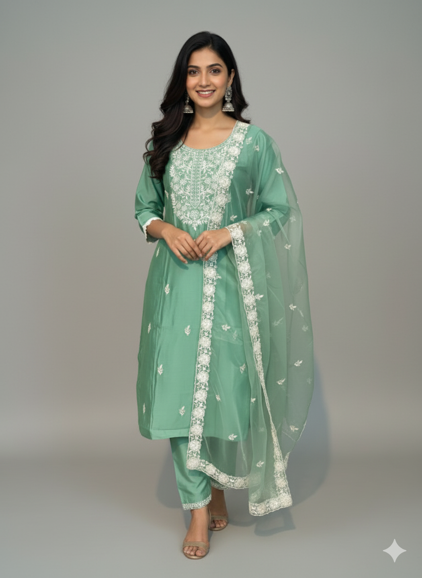 Beautiful 3-Piece Set in Green Background with Embroidary Work & Lace Work in Top and Dupatta made out of Tussar Silk with Flower work Border