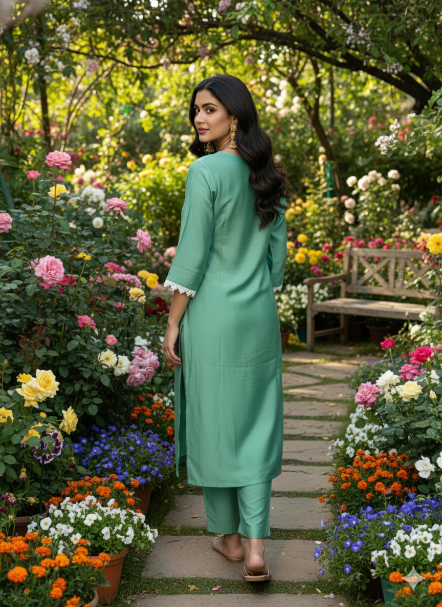Beautiful 3-Piece Set in Green Background with Embroidary Work & Lace Work in Top and Dupatta made out of Tussar Silk with Flower work Border