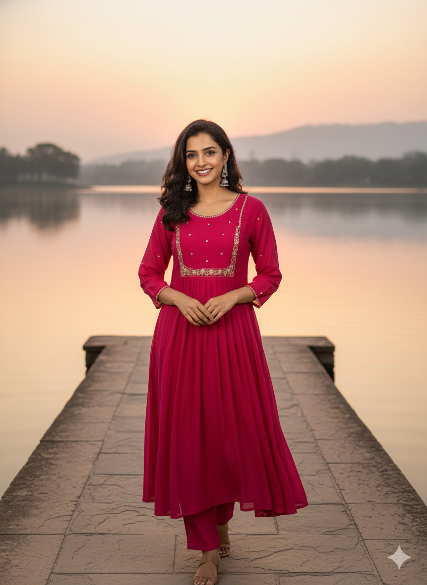 Party Wear 3-Piece Set in Pearl & Thread Work in Yoke & Sleeve. It comes with Chumiki Work as border in Dupatta.
