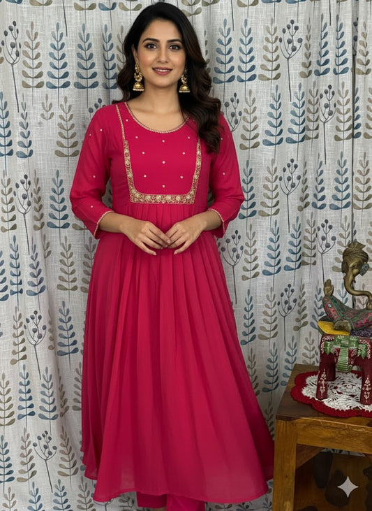 Party Wear 3-Piece Set in Pearl & Thread Work in Yoke & Sleeve. It comes with Chumiki Work as border in Dupatta.