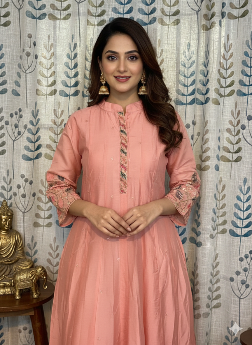 Function Wear 3-Piece Set in Leaf Embroidary design in Yoke & Sleeve. It comes with similar design in Dupatta.