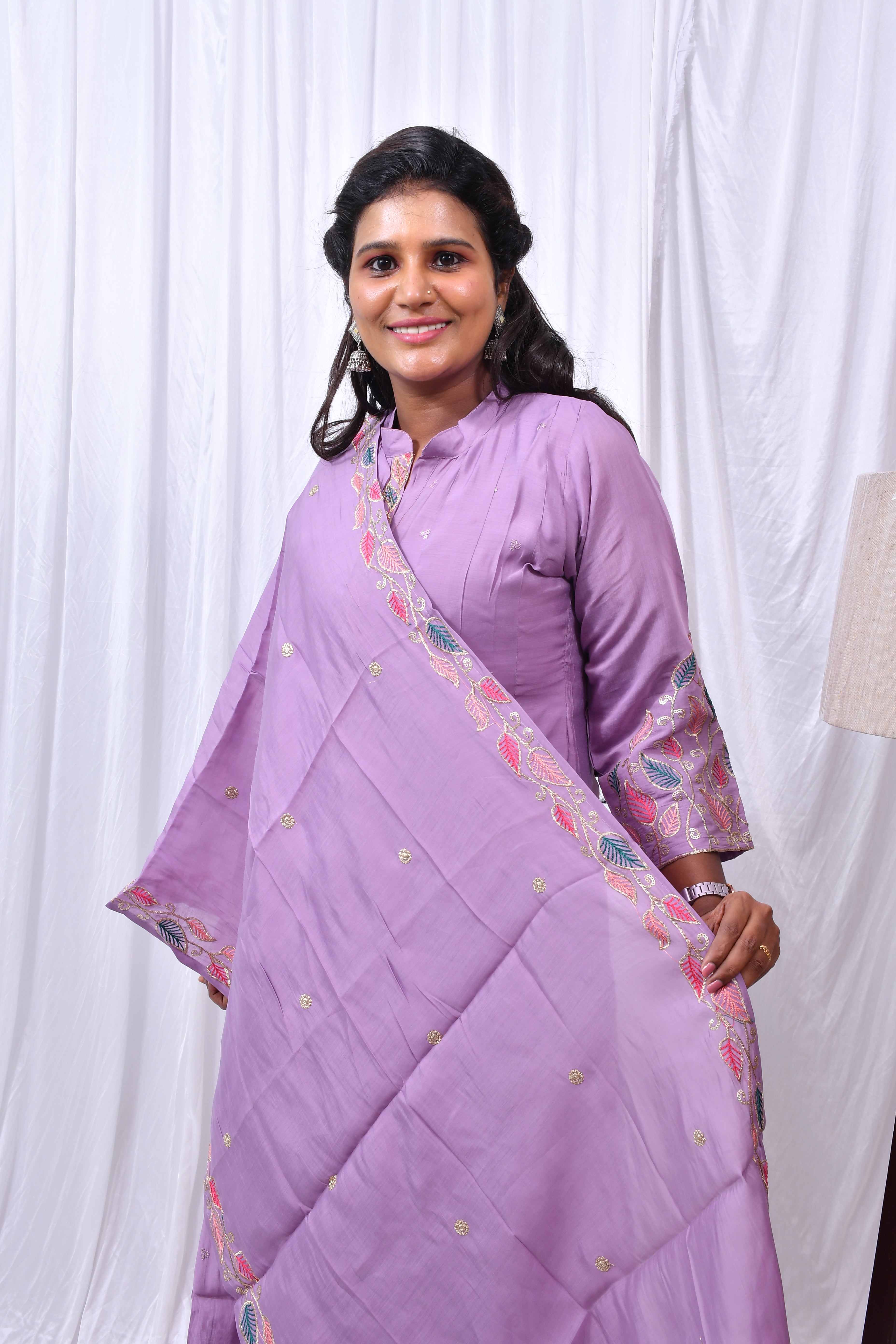 Function Wear 3-Piece Set in Leaf Embroidary design in Yoke & Sleeve. It comes with similar design in Dupatta.
