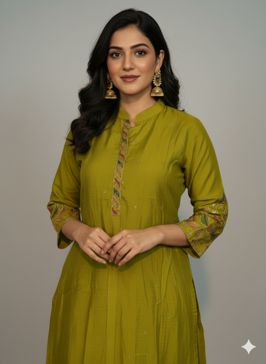Function Wear 3-Piece Set in Leaf Embroidary design in Yoke & Sleeve. It comes with similar design in Dupatta.