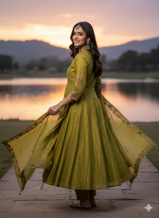 Function Wear 3-Piece Set in Leaf Embroidary design in Yoke & Sleeve. It comes with similar design in Dupatta.