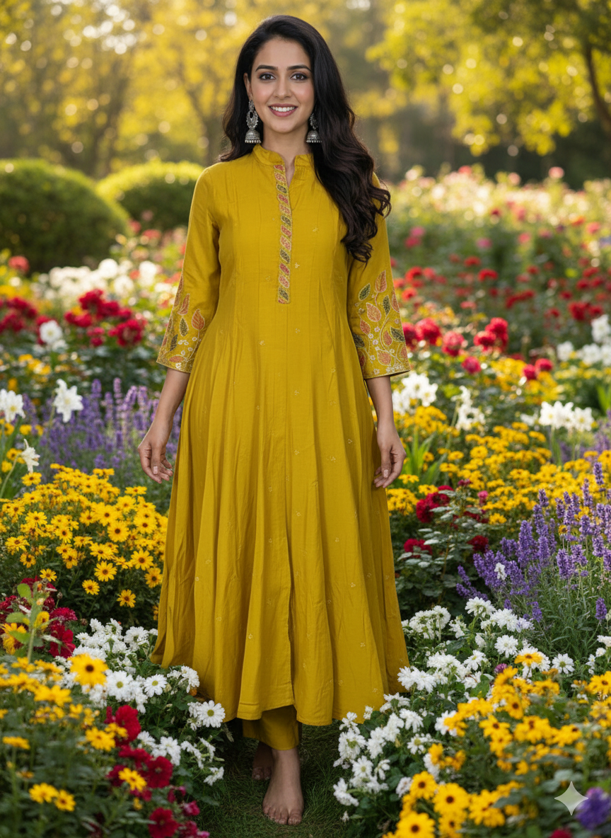 Function Wear 3-Piece Set in Leaf Embroidary design in Yoke & Sleeve. It comes with similar design in Dupatta.