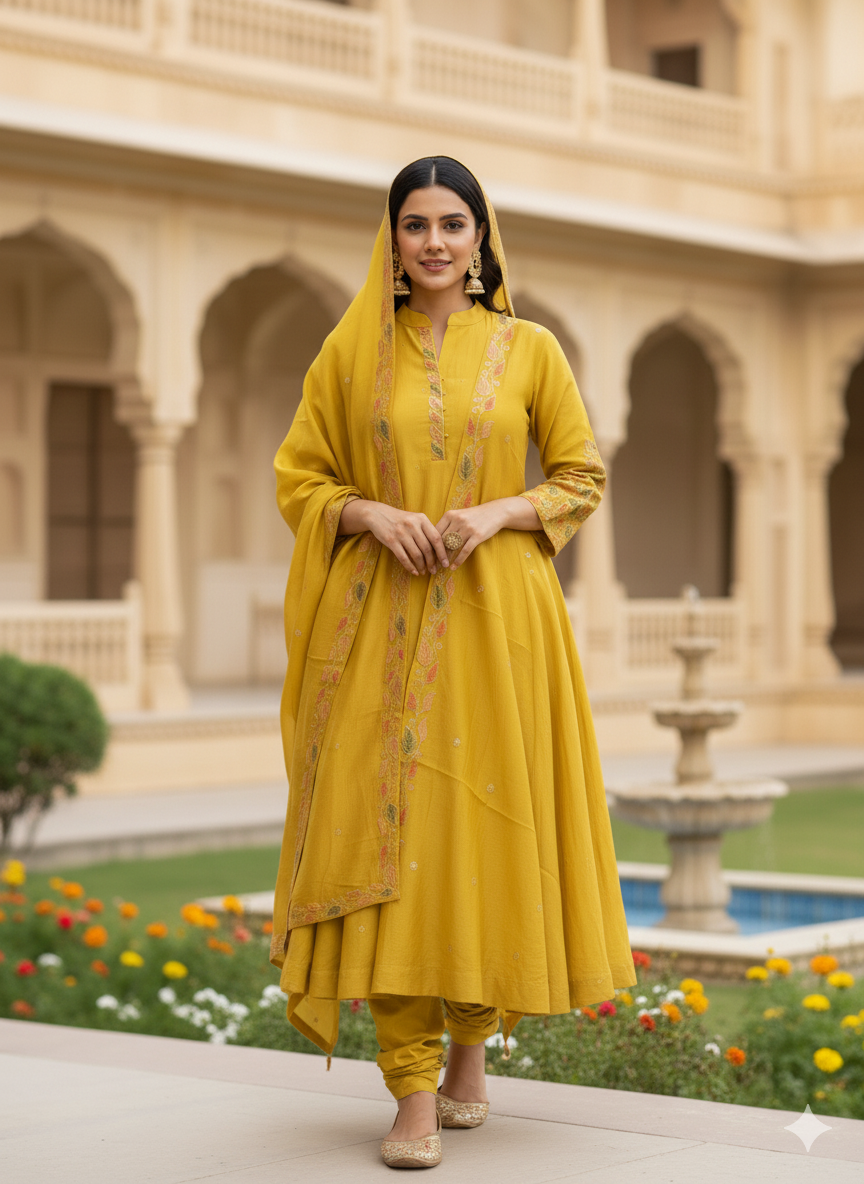 Function Wear 3-Piece Set in Leaf Embroidary design in Yoke & Sleeve. It comes with similar design in Dupatta.