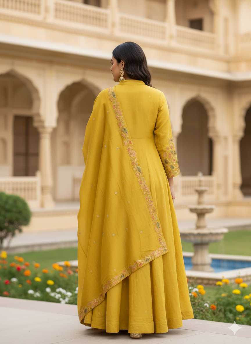 Function Wear 3-Piece Set in Leaf Embroidary design in Yoke & Sleeve. It comes with similar design in Dupatta.