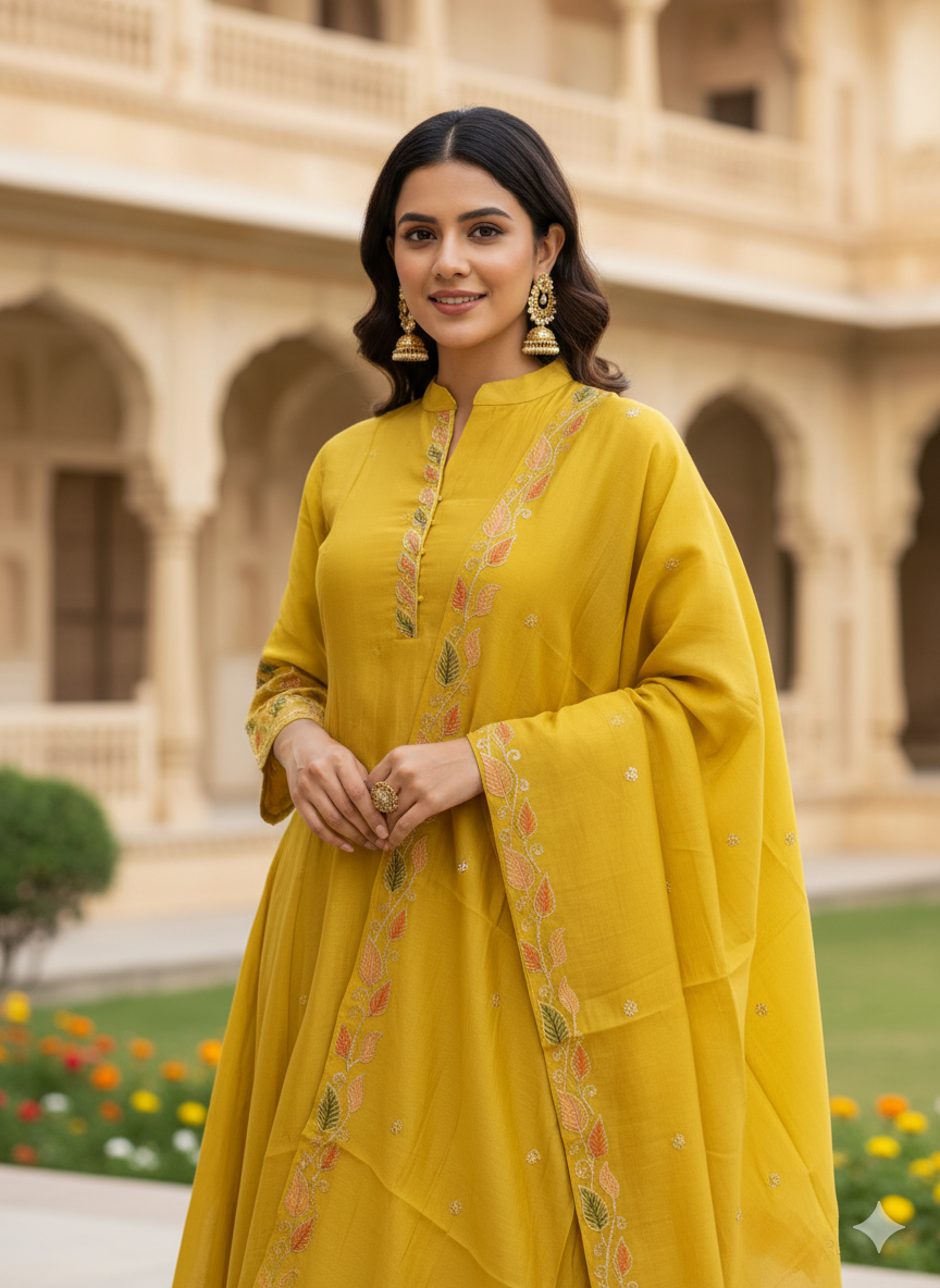 Function Wear 3-Piece Set in Leaf Embroidary design in Yoke & Sleeve. It comes with similar design in Dupatta.