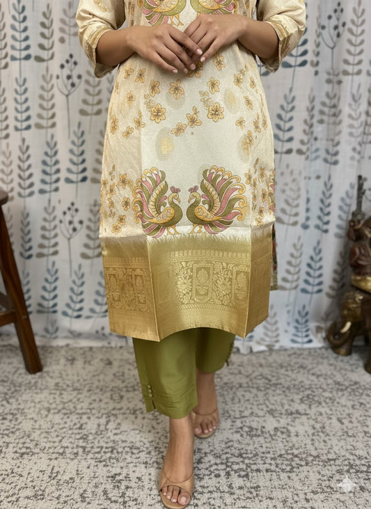 Function Wear 3-Piece Set in Beautiful Gold Color with Peacock design in Top and Dupatta made out of German Silk