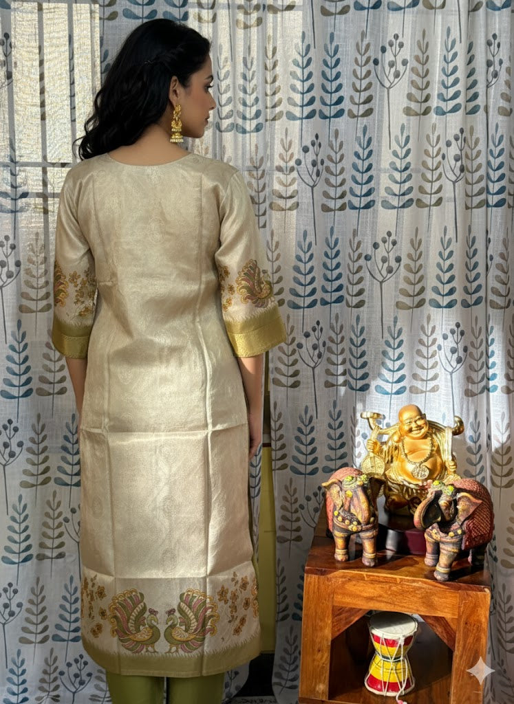 Function Wear 3-Piece Set in Beautiful Gold Color with Peacock design in Top and Dupatta made out of German Silk