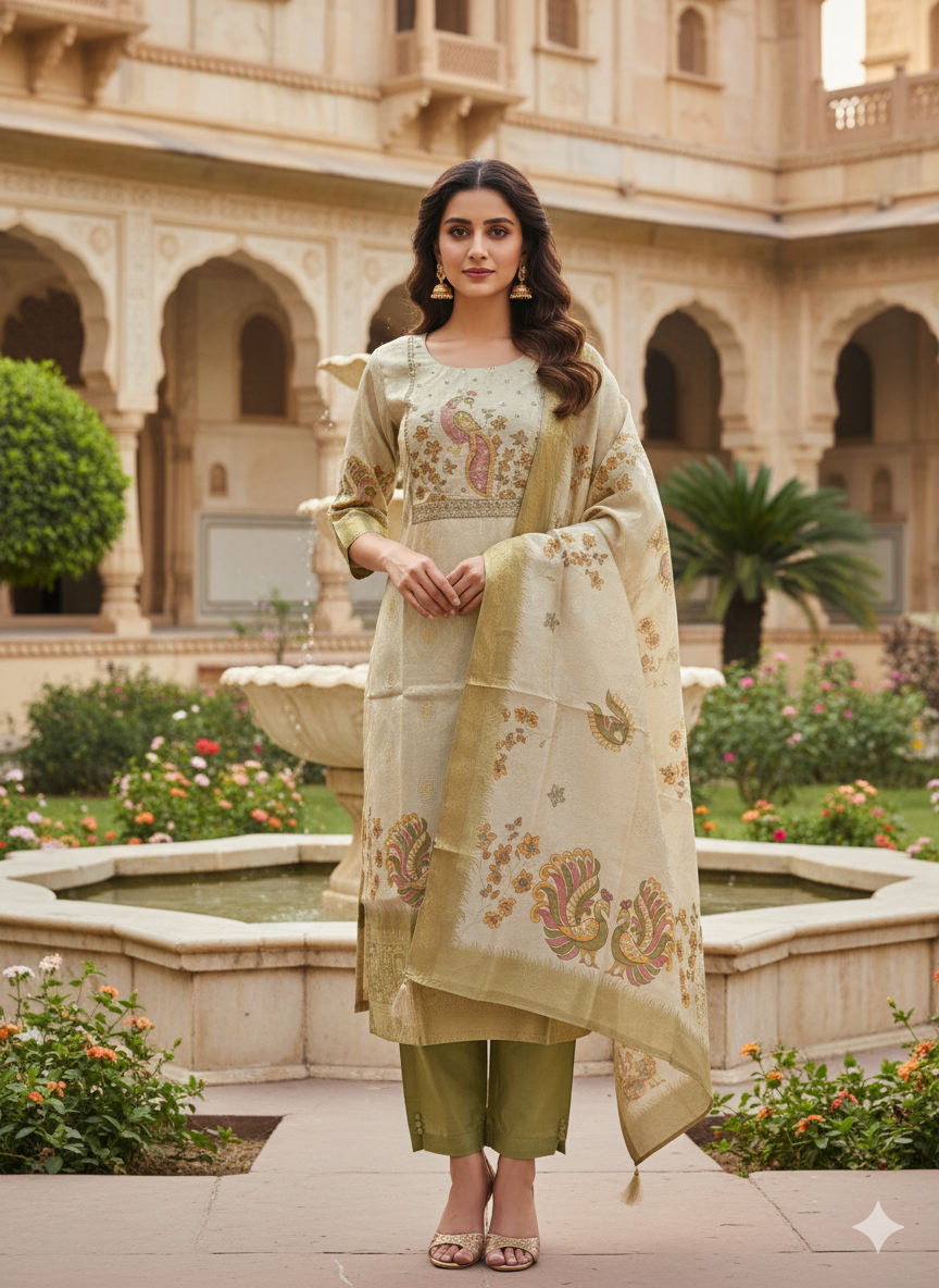 Function Wear 3-Piece Set in Beautiful Gold Color with Peacock design in Top and Dupatta made out of German Silk