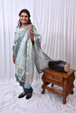 Function Wear 3-Piece Set in Beautiful Bluish/Grey Color with Peacock design in Top and Dupatta made out of German Silk