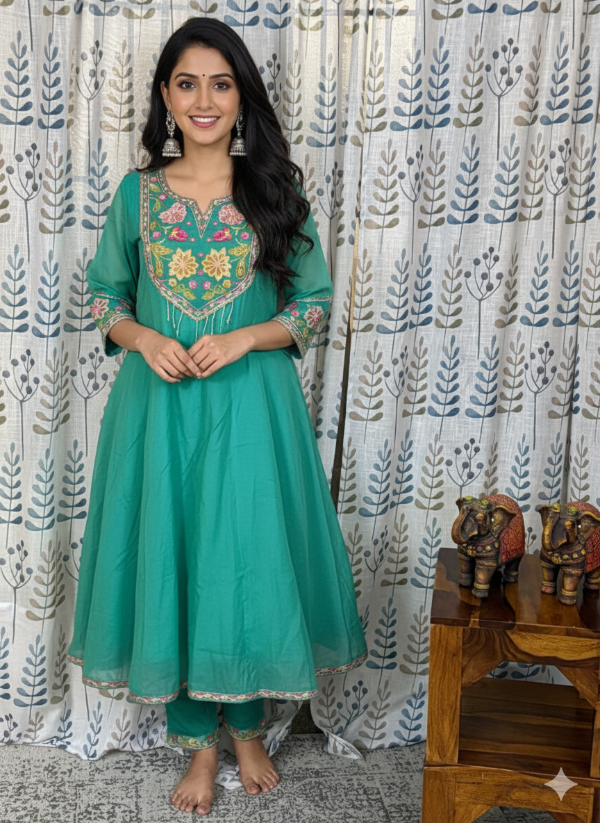 Function Wear 3-Piece Set in Flower design in Yoke & Sleeve. It comes with similar design in Silk Dupatta.