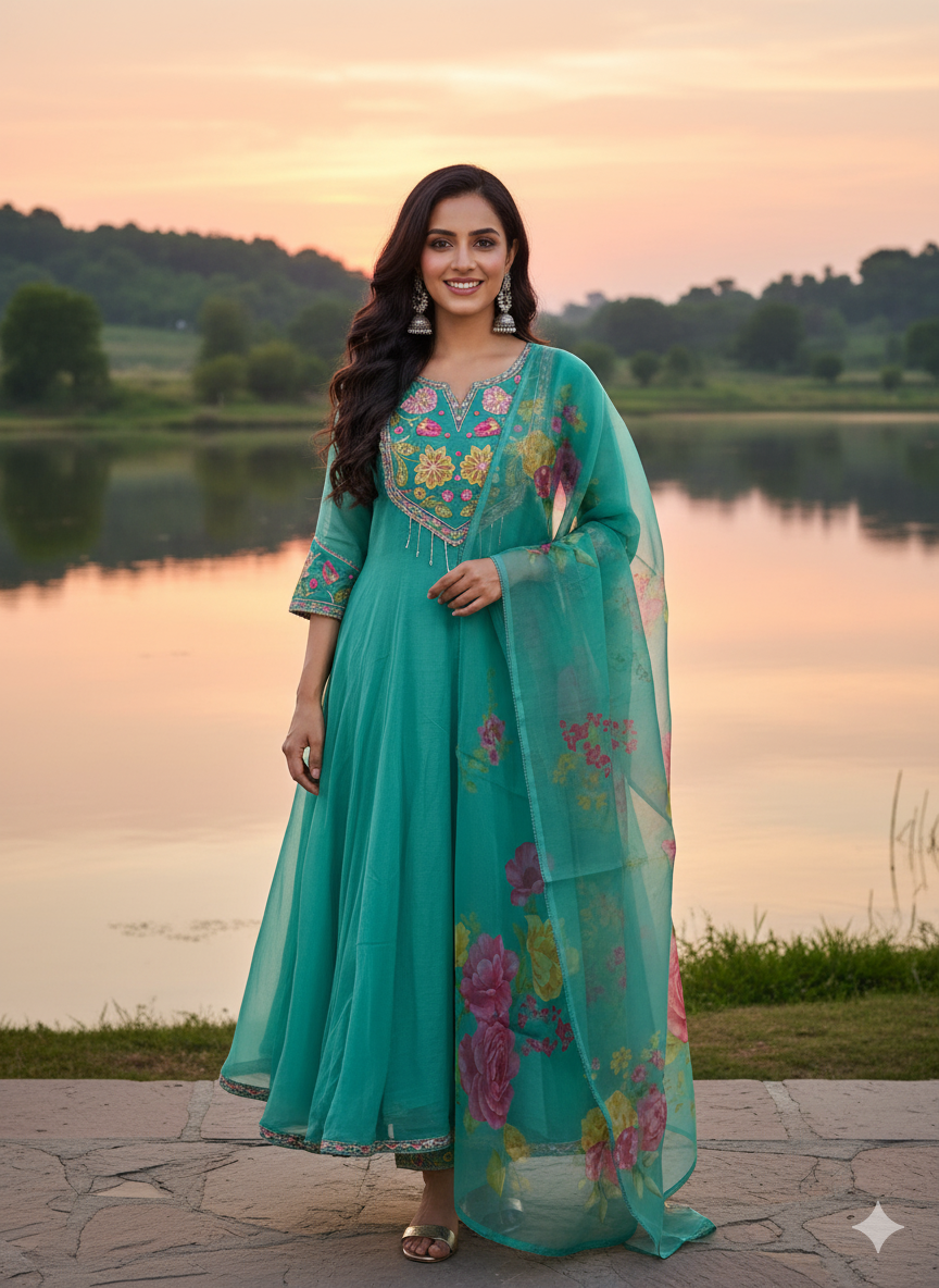 Function Wear 3-Piece Set in Flower design in Yoke & Sleeve. It comes with similar design in Silk Dupatta.