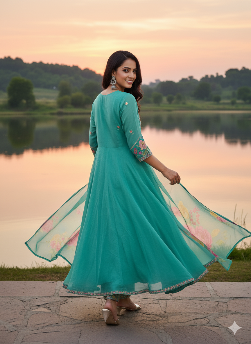 Function Wear 3-Piece Set in Flower design in Yoke & Sleeve. It comes with similar design in Silk Dupatta.