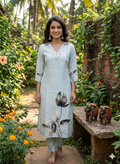 Function Wear 3-Piece Set in Grey Color, Elegant Mirror Work in Yoke and Printed Leaf Design. It comes with Similar Printed design in Dupatta.